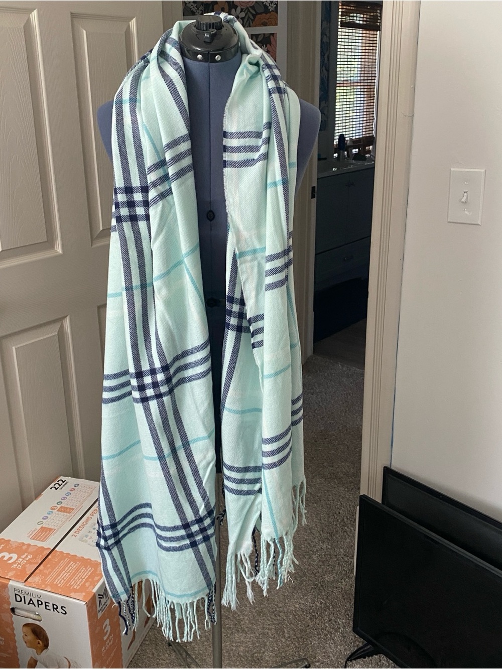 Light Aqua Plaid Fringe Old Navy Scarf